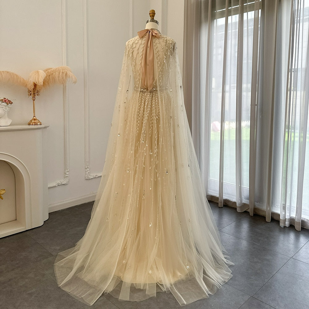 Luxury Dubai Evening Dress with Cape Sleeve Elegant Long Arabic Formal Dresses for Women Wedding Party SS495