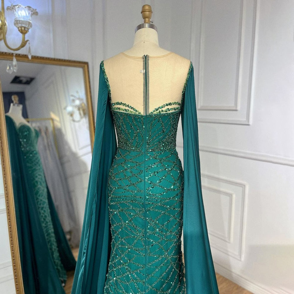 Green Cape Sleeves Luxury Evening Dress Gowns Mermaid Beaded Elegant For Women Party LA71668