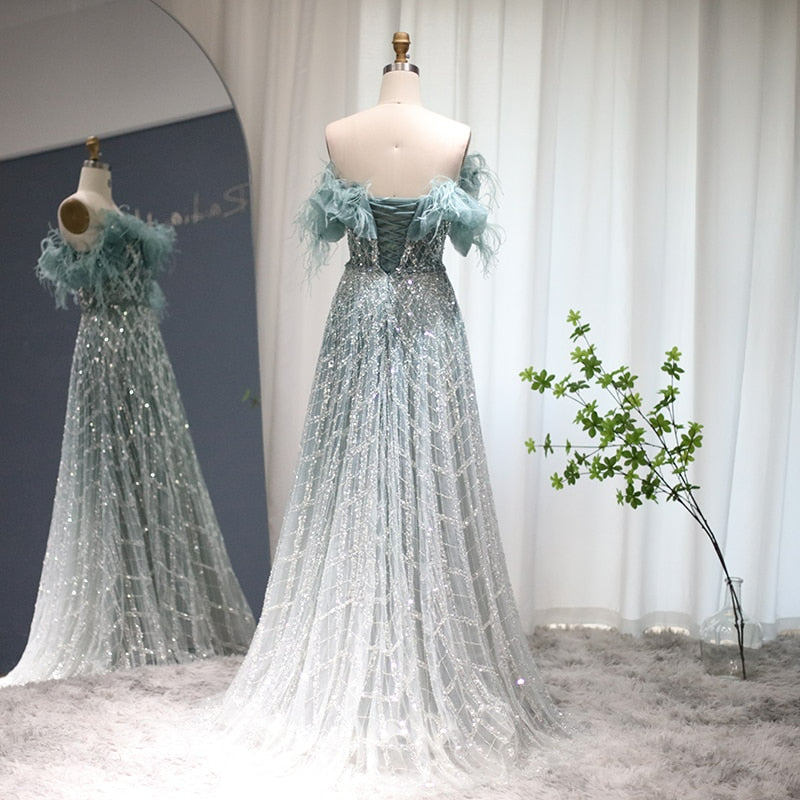 Luxury Feathers Green Dubai Evening Dress Elegant Off Shoulder Long Formal Dress for Women Wedding Party S303