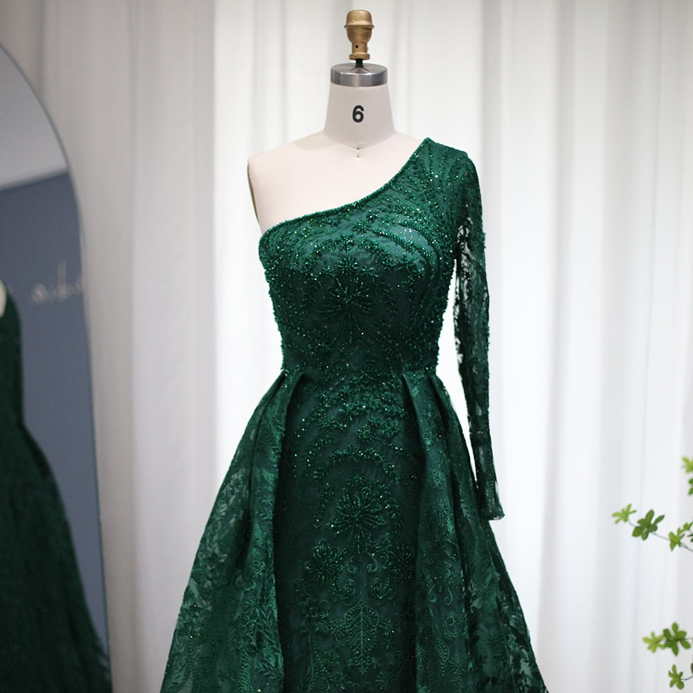 Emerald Green One Shoulder Mermaid Evening Dress Overskirt Luxury Arabic Plus Size Women Formal Party Gowns for Wedding SS133