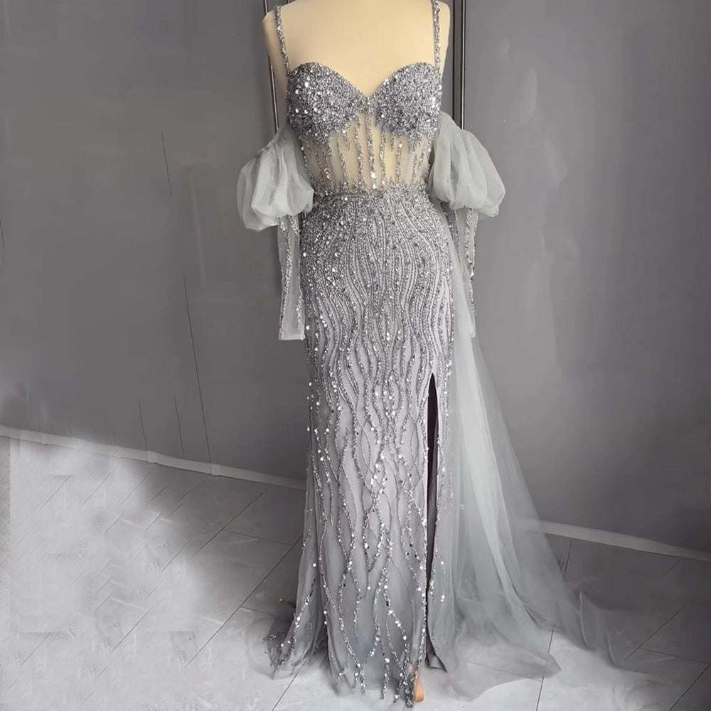 Sexy Gray Beaded Party High Split Spaghetti Straps Mermaid Balloon Sleeves Evening Dresses Gowns LA71571A