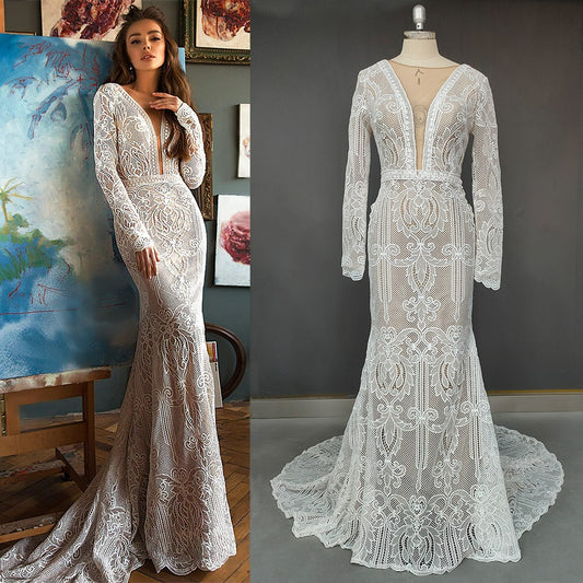 Deep V Neck Cut Out Lace Wedding Dress Custom Made Transparent Retro Long Sleeve Open Sheer Back Mermaid boho Bridal Gown