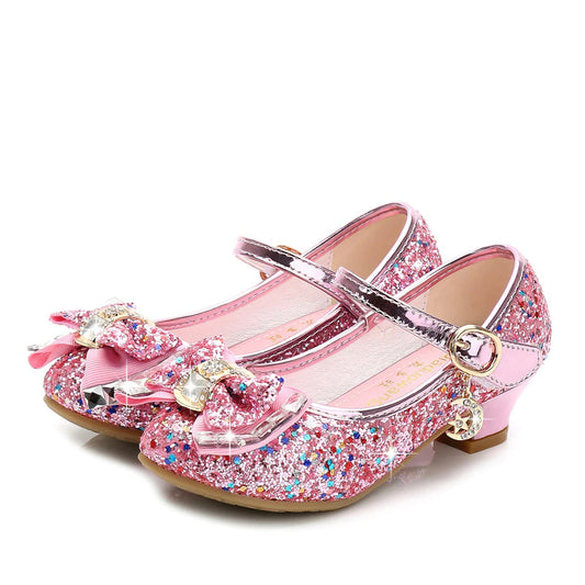 Princess Kids Shoes for flower Girls Flower Casual Glitter Children High Heel Girls Shoes Butterfly Knot Blue Pink Silver