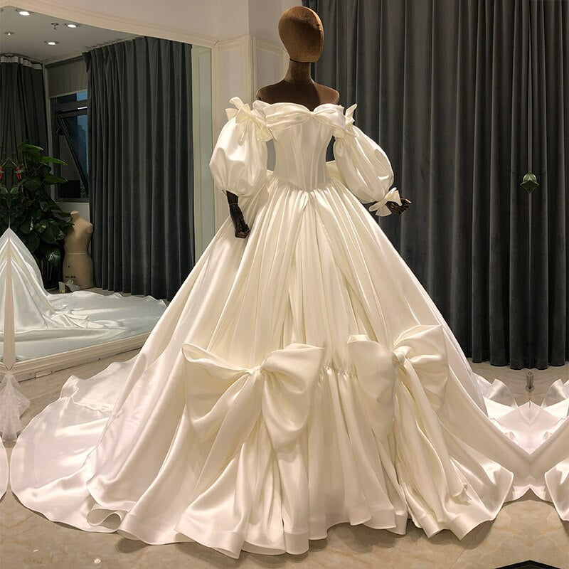 vintage wedding gowns plus size bow bride dress robe lantern sleeve satin wedding dress ball gown mariage
