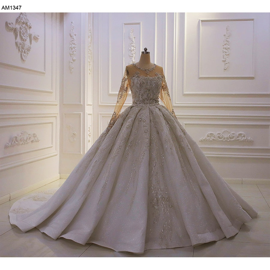 AM1347 Luxury Long Sleeve Sequin 2 In 1 detachable skirt Luxury long sleeve Wedding Dress