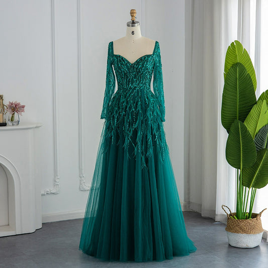 Emerald Green Luxury Dubai Feathers Evening Dresses for Women Wedding Elegant Wine Red Abra Formal Party Gowns SS351
