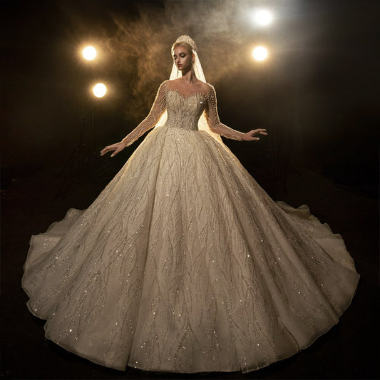 Long sleeve ball gown shiny sequin wedding dress