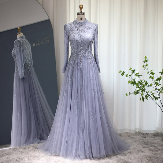 Dubai Grey Blue Muslim Evening Dress Long Sleeve Elegant Women Arabic Formal Dresses for Wedding Party SS506