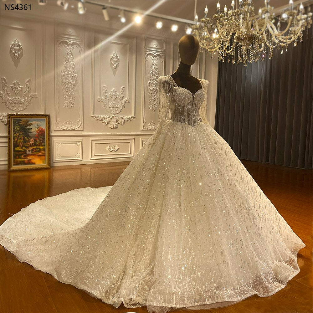 NS4361 Sexy Beading Long Sleeve Pearl ball gown long royal train Wedding Dress