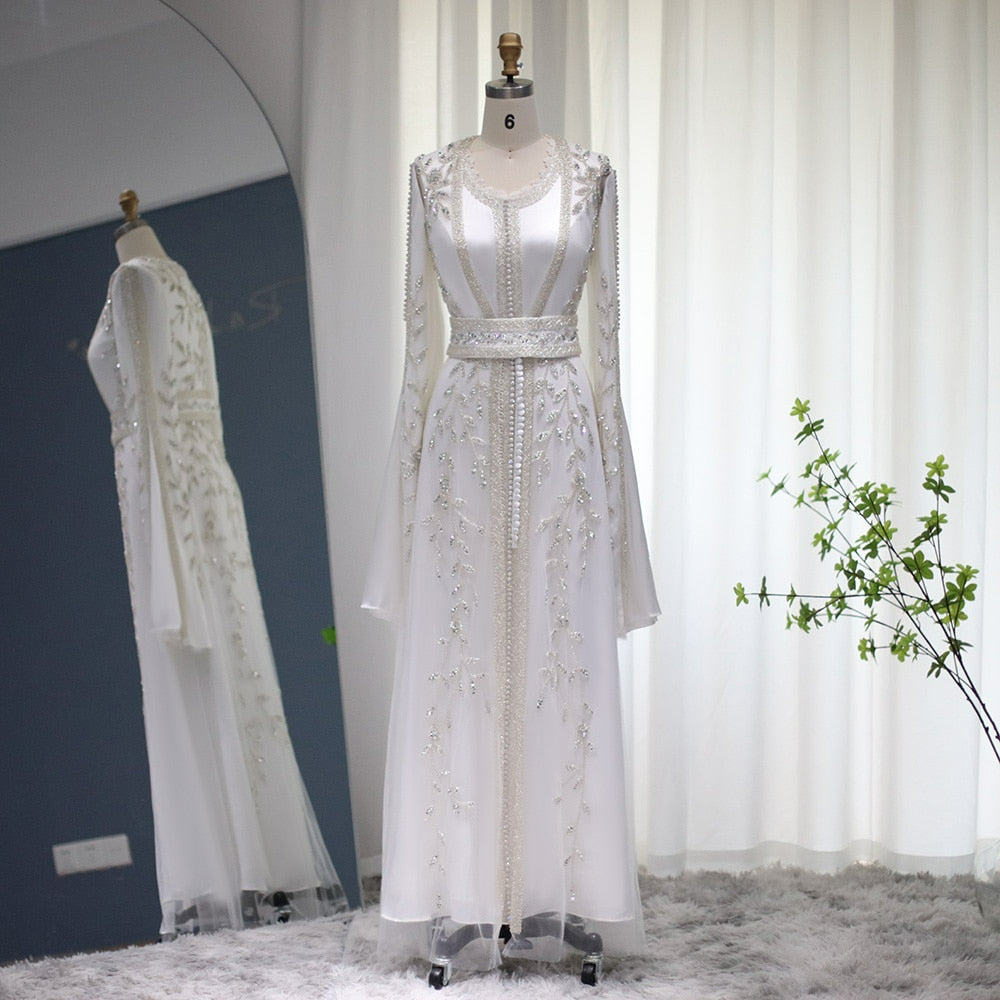 Luxury Dubai Moroccan Kaftan Ivory Evening Dress Wedding Party Elegant Long Sleeve Muslim Arabic Formal Dress SS439
