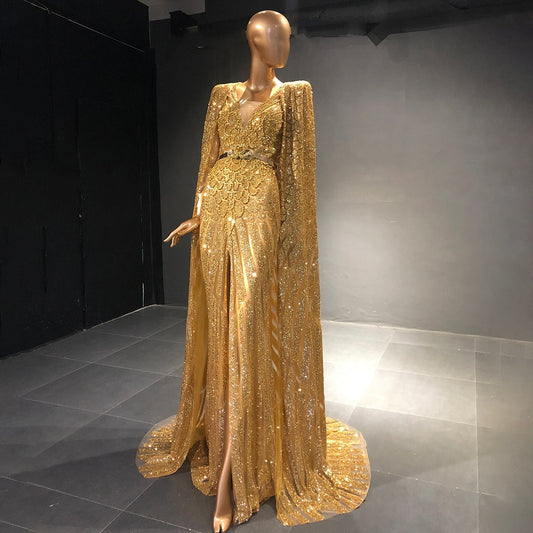Gold Dubai Evening Dresses with Cape Sparkly Beaded Elegant Long Formal Party Dress  Wedding SS568