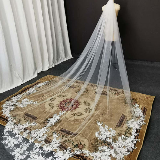 Vintage Wedding Veil 3.5M Long Special Cut Royal Bridal Veil with Comb Bling Sequins Lace Veil Wedding Accessories