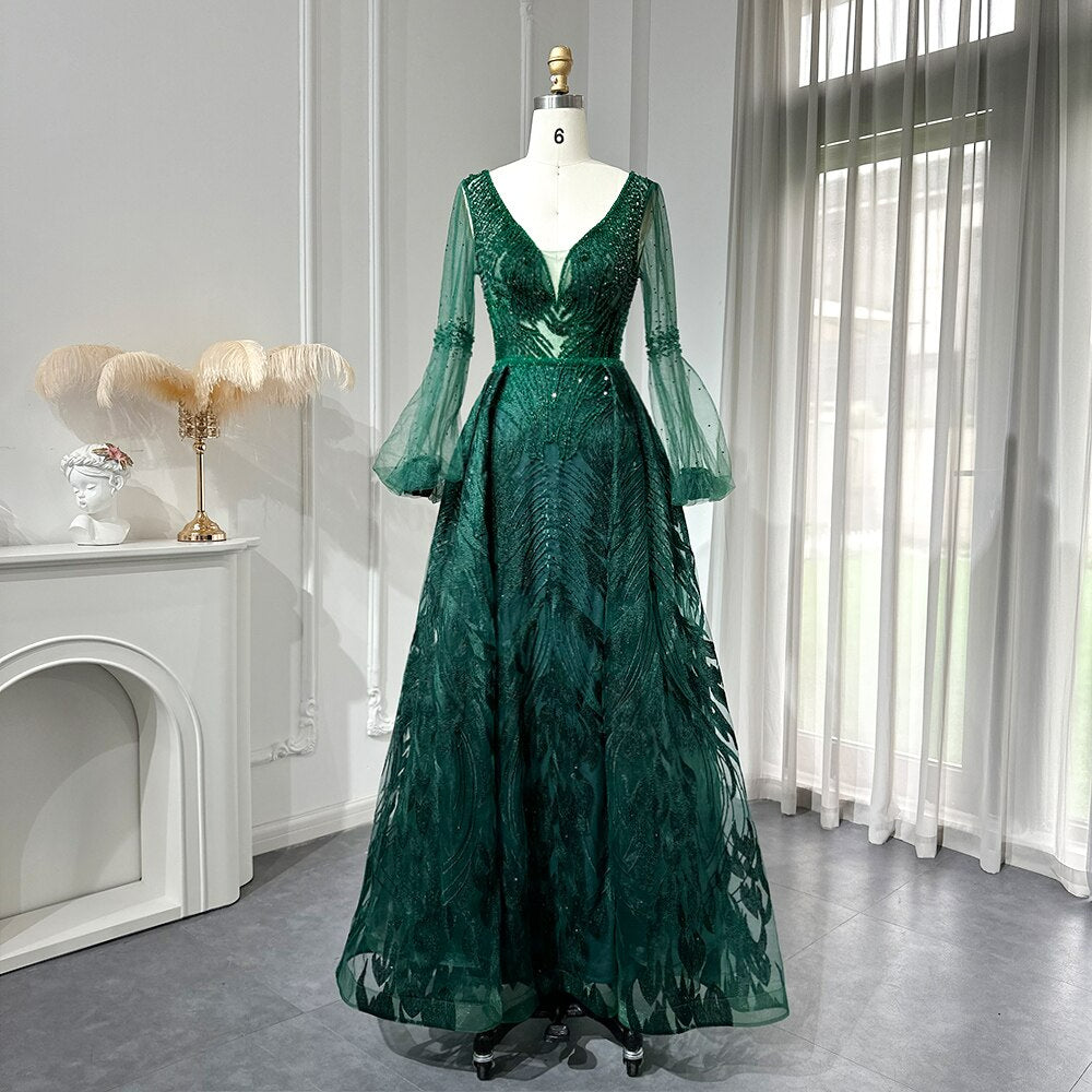 Emerald Green Luxury Crystal Evening Dress for Women Wedding Party Elegant V-Neck Long Sleeve Plus Size Formal SS148