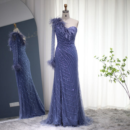 Luxury Dubai Feather Blue Mermaid Evening Dress Sexy One Shoulder High Slit Prom Party Dress for Women Wedding SS229