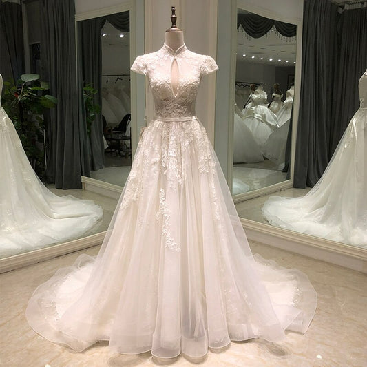 Elegant high neck cap sleeve wedding dress crystal lace flower beads boho bridal wedding gowns plus size