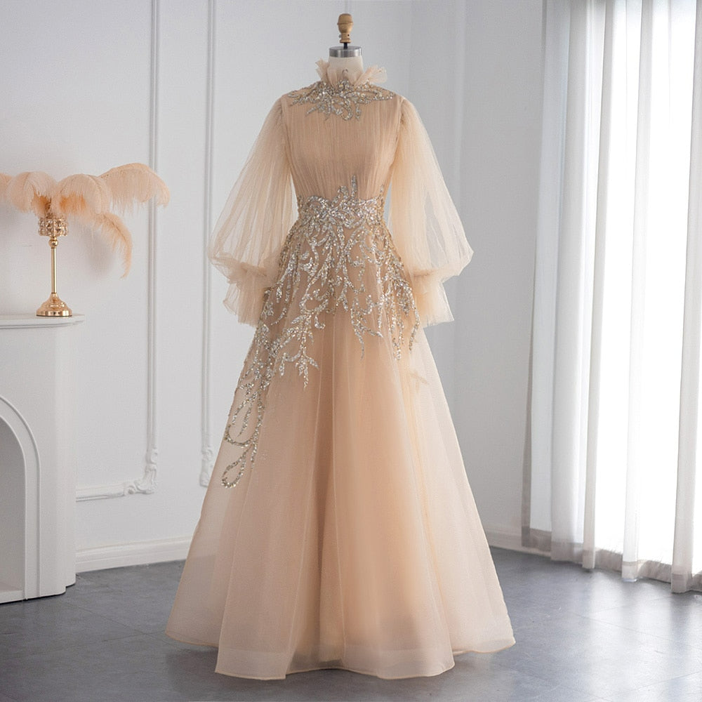 Elegant Long Sleeve Arabic Evening Dresses for Women Dubai V-Neck Luxury Crystal Muslim Wedding Guest Formal Party Gowns Stock SS050