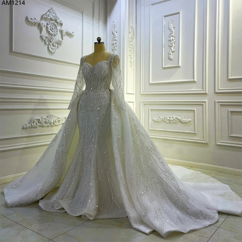 AM1214 Detachable Skirt Long Sleeve shiny luxury mermaid Wedding Dress