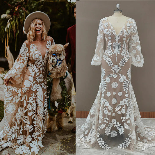 Boho Outdoor Destination V Neck Wedding Dress Two Pieces Slip Lace Robe Long Sleeves Illusion Backless Elopement Bridal Gowns