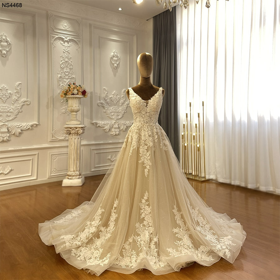 NS4468 V-neck Lace Applique Beach A line blush Wedding Dress