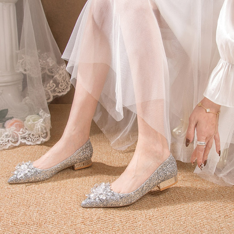 Cinderella Crystals Low Heel Bride Shoes