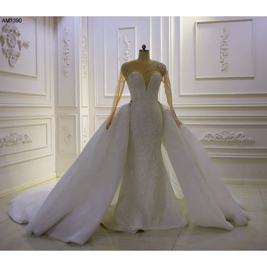 AM1390 Luxury Long Sleeve V-neck Full Beading 2 in 1 Mermaid Wedding Dress