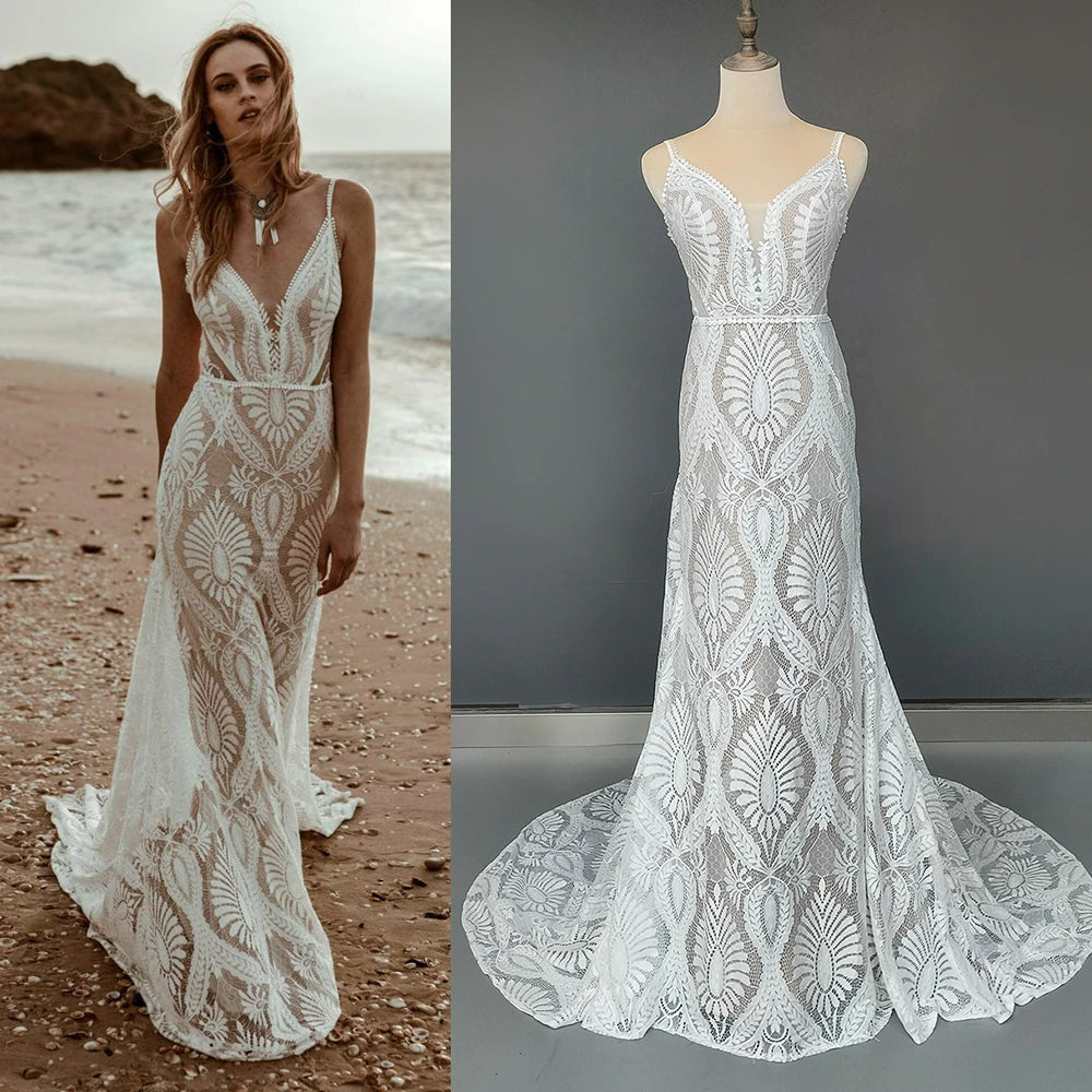 Beach Spaghetti Straps Lace Wedding Party Gowns Backless Custom Made Destination Deep V-Neck Rustic Long Mermaid boho Bridal Dress