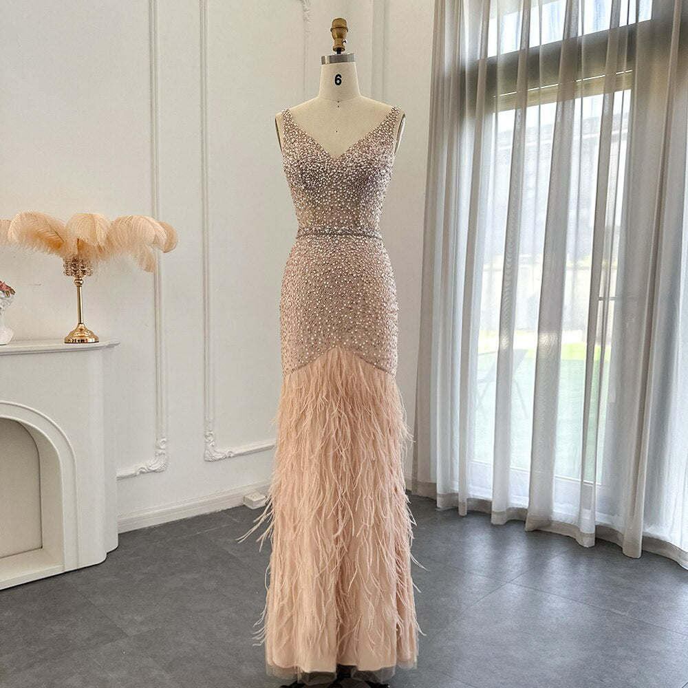 Luxury Feathers Nude Pink Mermaid Evening Dresses for Women Wedding Party Elegant Long Beads Prom Formal Dress SS221