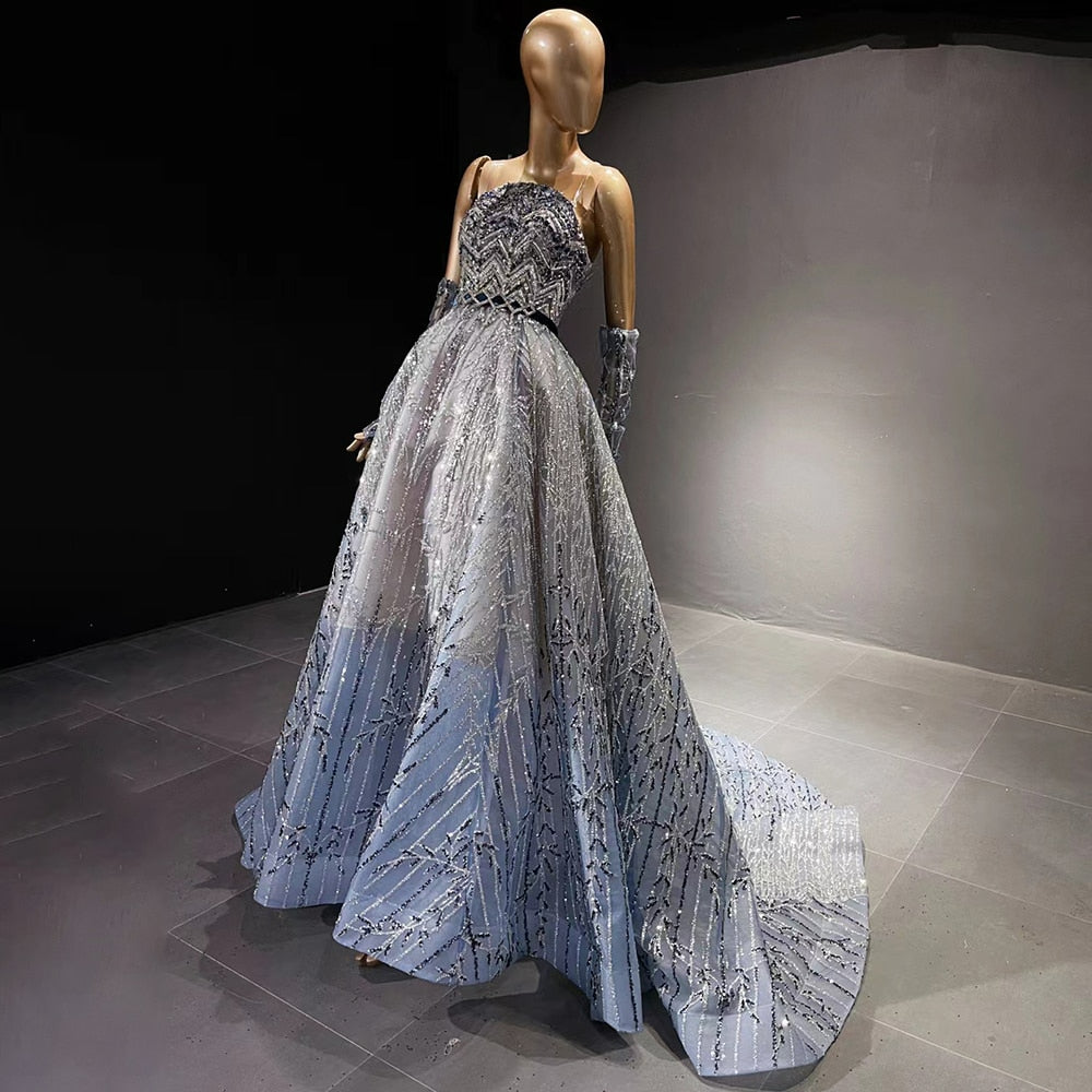 Glitter Blue Beaded Dubai Evening Dresses Luxury Crystal Arabic Long Formal Prom Dress for Women Wedding Party SS552