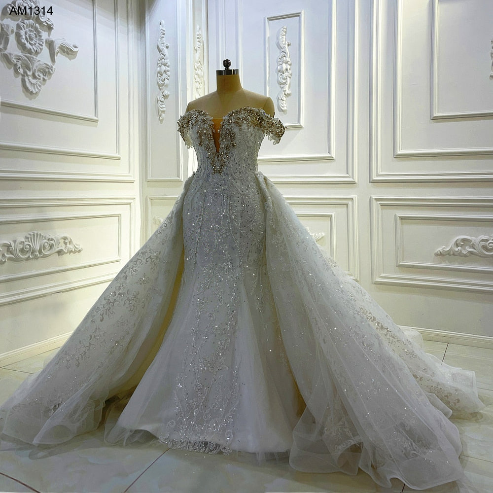 AM1314 Luxury Off The Shoulder Crystal Beading 2 in 1 luxury mermaid with train Wedding Dress