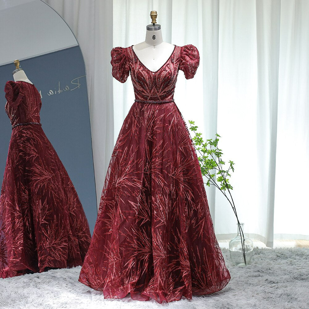 Silver Nude Dubai Evening Dresses for Women Wedding Party Plus Size Burgundy Long Formal Guest Gowns SS037
