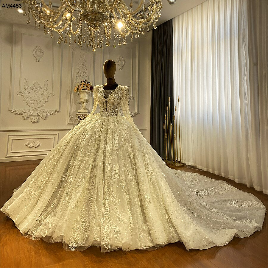 NS4453 High Quality Long Sleeve Appliqued Ball Gown Wedding Dress