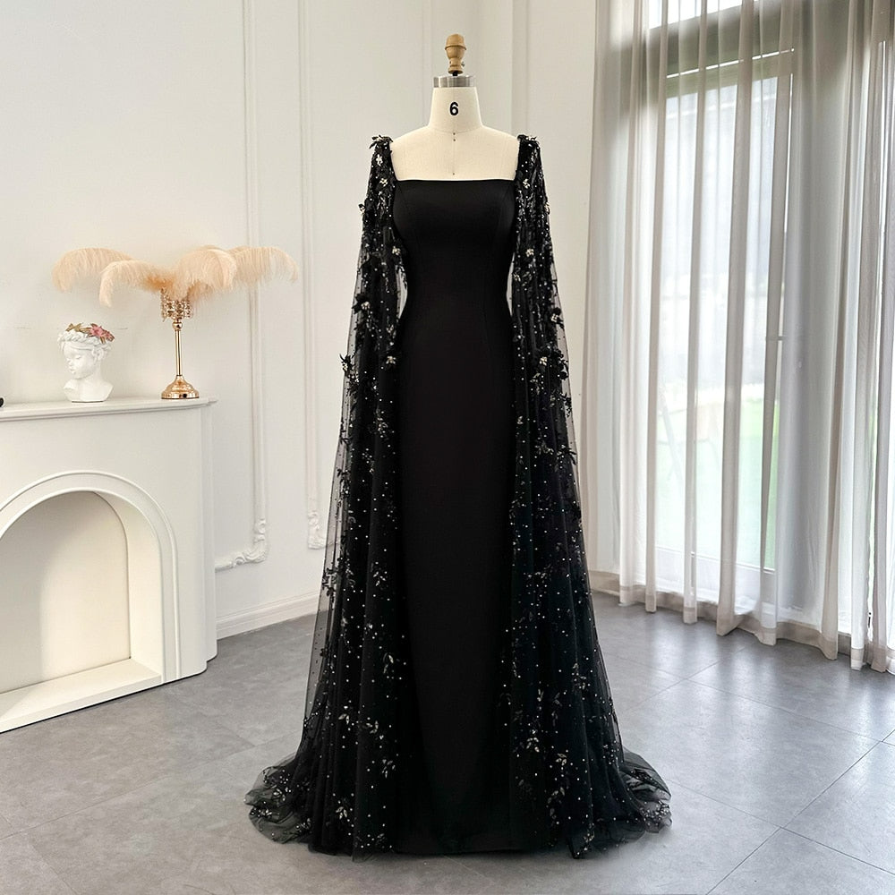 Luxury 3D Flowers Black Satin Arabic Evening Dress with Cape Elegant Mermaid Long Women Formal Party Gowns SS479