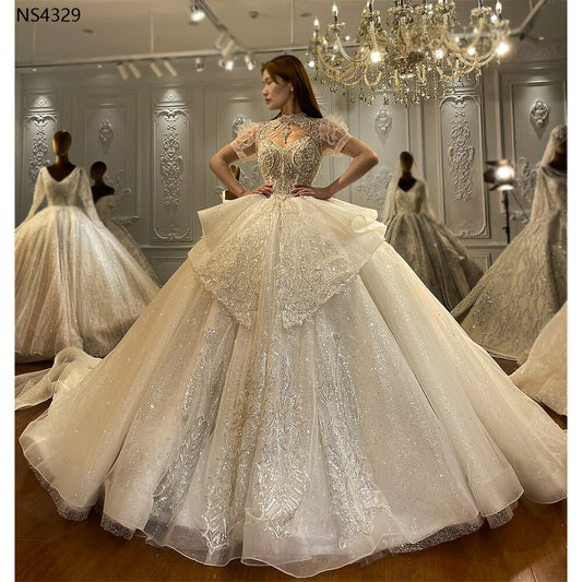 Short sleeve shiny shimmery high neck ball gown luxury wedding dress
