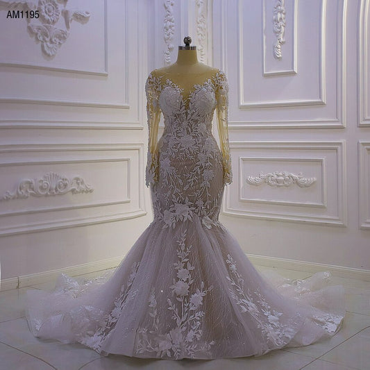 AM1195 Sheer Flowers Mermaid luxury Wedding Dress
