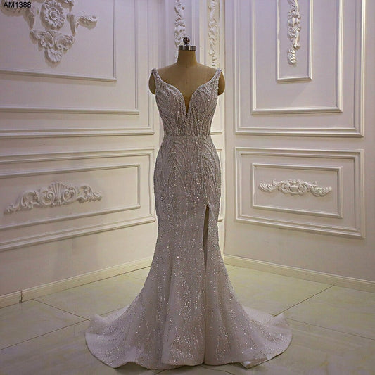 AM1388 Luxury Sequin Lace V-neck Spaghetti Straps Slit Mermaid Wedding Dress