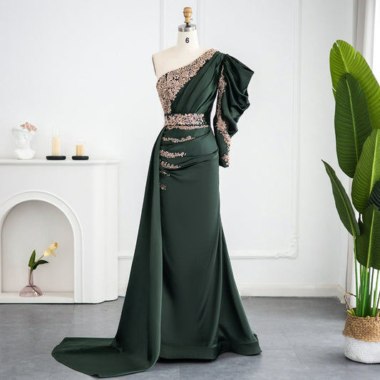 Emerald Green One Shoulder Mermaid Evening Dress Long Sleeve Beaded Elegant Women Formal Prom Dresses for Wedding Party Gowns SS422