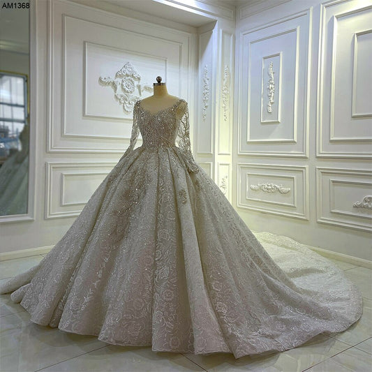 AM1368 Luxury Long Sleeve Round Neck Full Beading Ball Gown Wedding Dress
