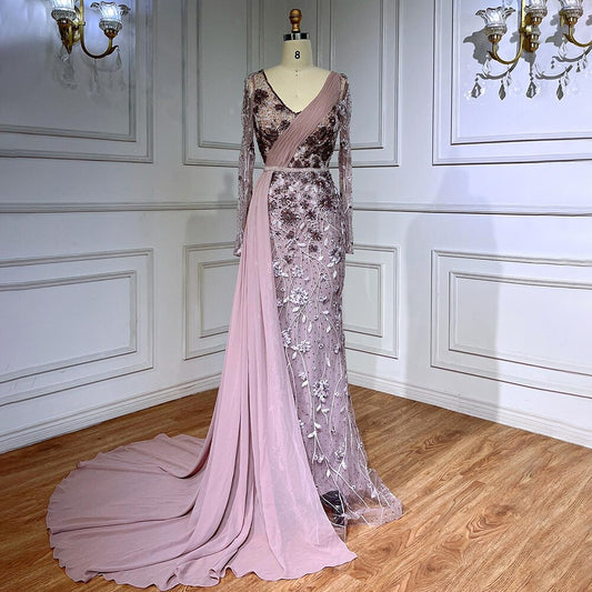 Pink Elegant Mermaid Sexy With Overskirt Beaded Luxury Evening Dresses Gowns For Women Arabic Party LA71835