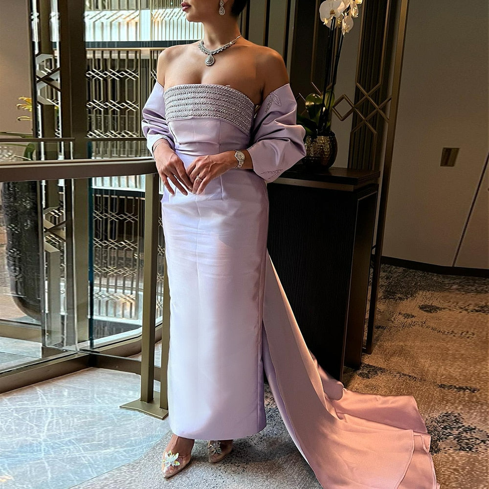 Lilac Mermaid Dubai Luxury Evening Dresses with Bow Cape Beaded Arabic Women Wedding Formal Party Gowns SS319