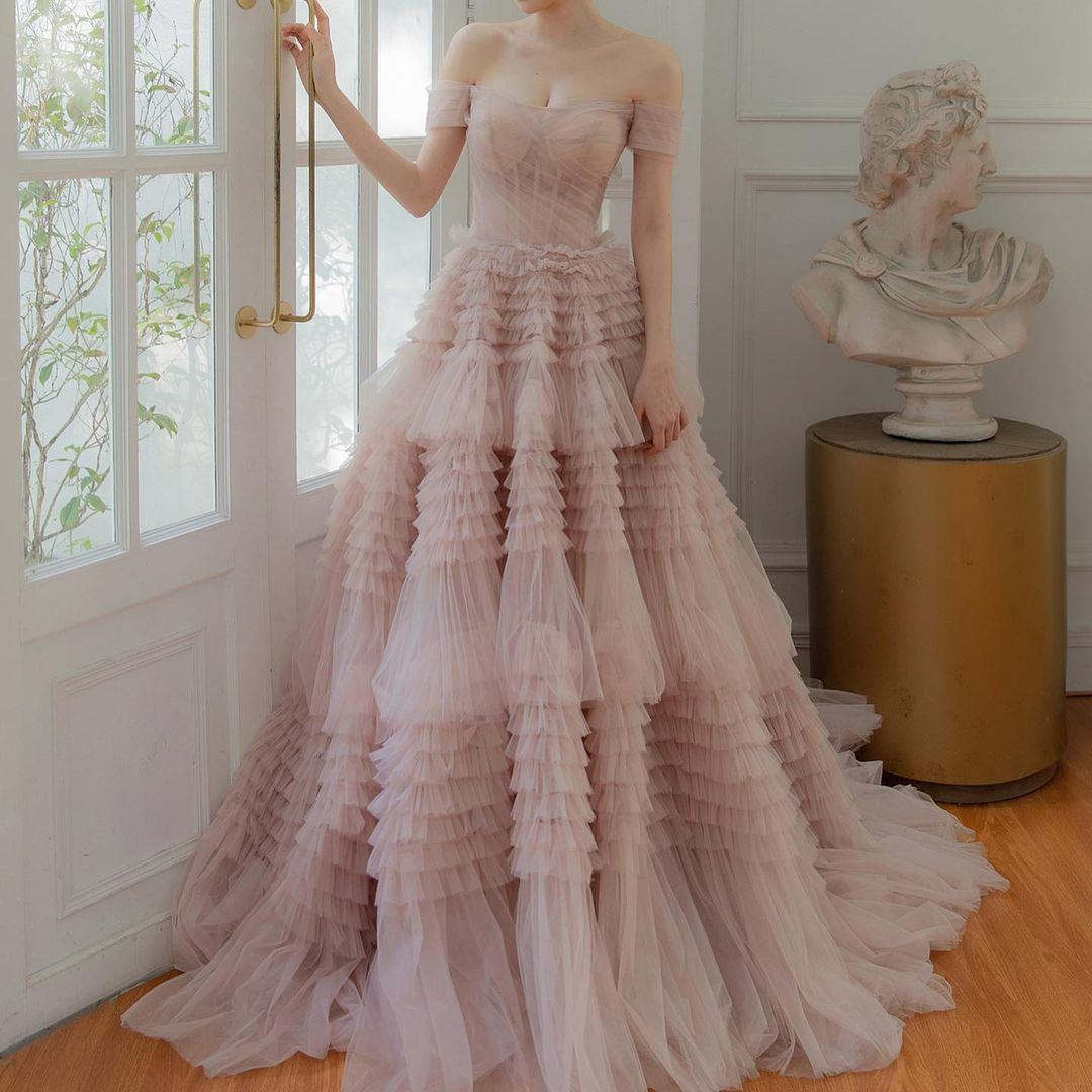 Blush Pink Off Shoulder Arabic Evening Dress Tulle Tiered Puffy Long Dubai Formal Prom Dresses Sweet Birthday Party Gown SS238