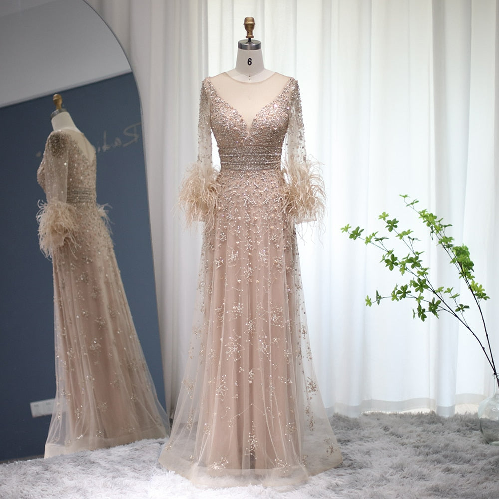 Elegant Champagne Feathers Long Sleeves Evening Dresses Luxury Dubai Beaded Muslim Women Wedding Formal Party Gowns SS101