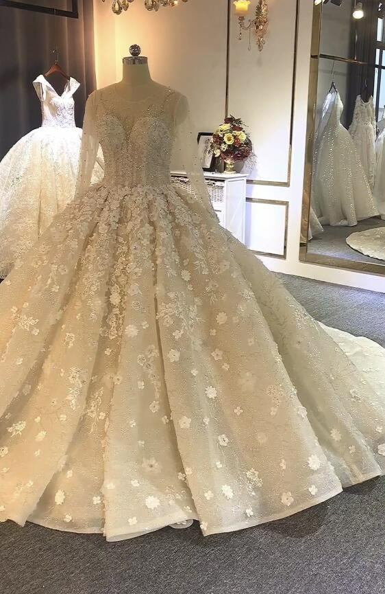 NS3622 luxury 3D flower embroidered Long sleeves ball gown wedding dress