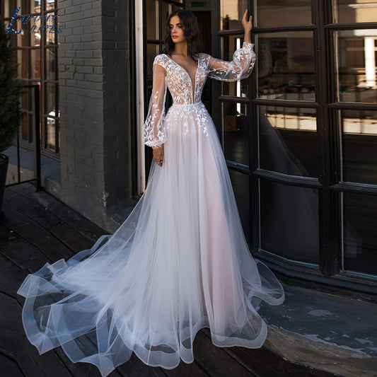 Deep V-neck Wedding Dresses Beach Lantern Long Sleeves Lace Appliques Tulle Floor Length Vestido De Novia Lace Up Bridal Gowns