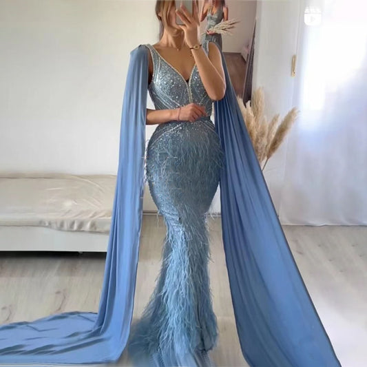 Blue Mermaid Elegant Cape Sleeves Luxury Beaded Feather Evening Dresses Gowns For Women Party LA71583A