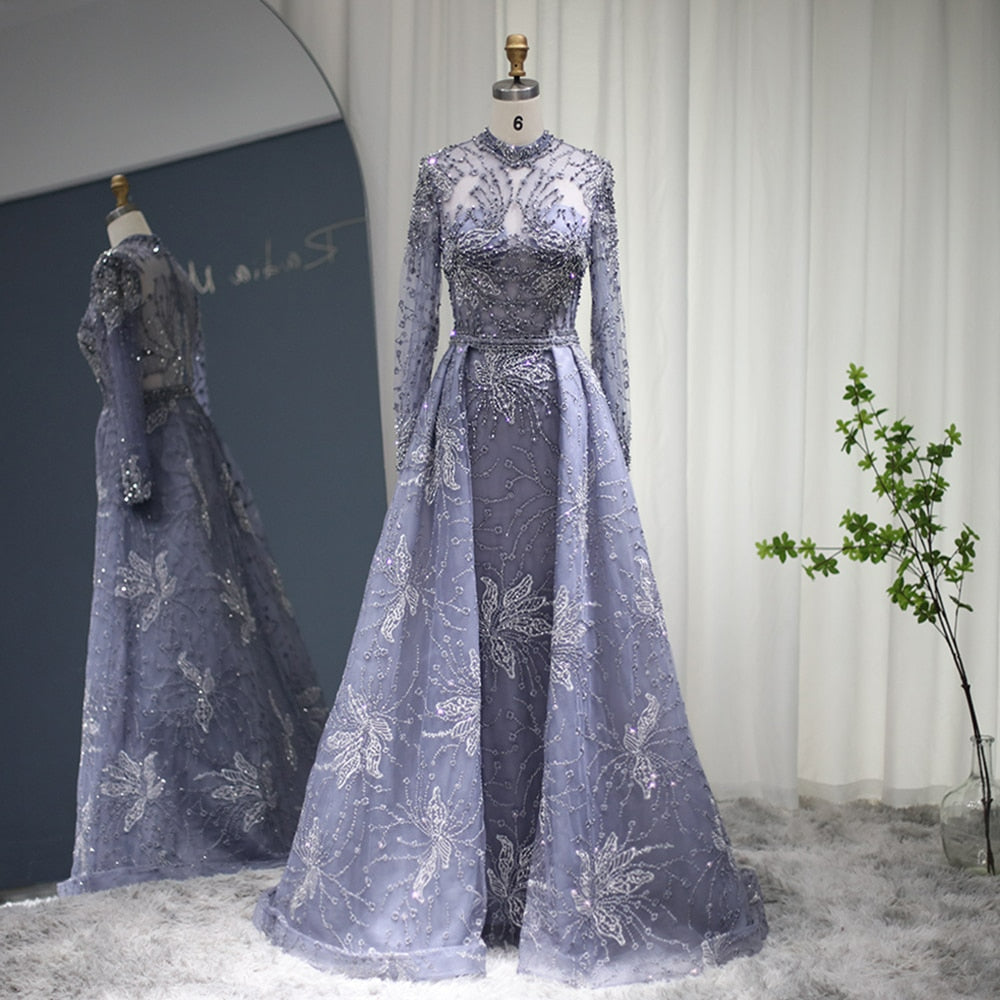 Luxury Blue Muslim Evening Dress with Overskirt Long Sleeve Burgundy Elegant Dubai Arabic Formal Dresses for Wedding