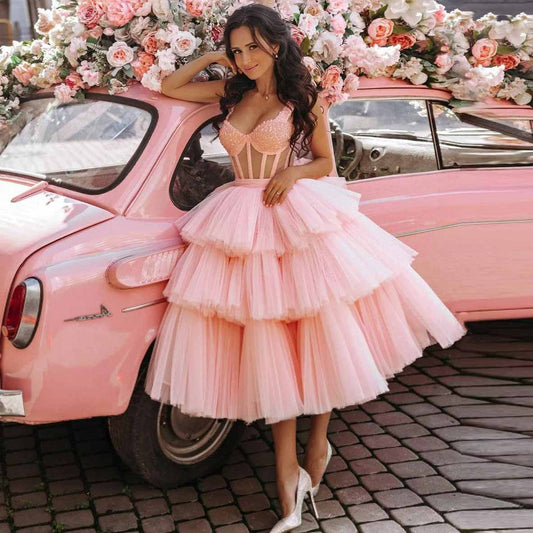 Charming Pink Short Prom Dresses Off The Shoulder See Through Tutu Skirt Layers Cocktail Party Dress Lace Up Back Evening Gowns