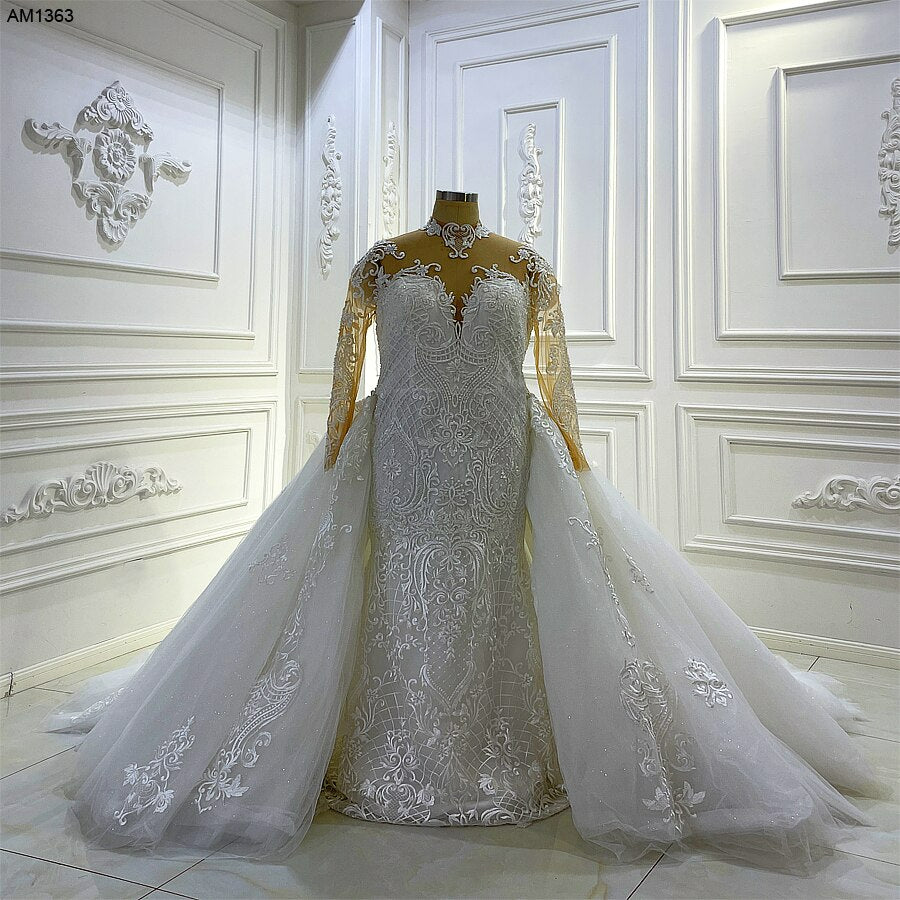 AM1363 High Neck Long Sleeve Luxury Full Lace Plus Size 2 in 1 Mermaid Wedding Dress
