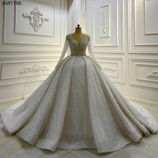 AM1198 Pearls Sheer Glitter Sequin Lace Pearl beaded Luxury Wedding Dress