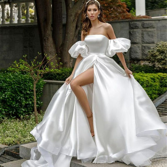 Removable Puff Sleeve Satin Wedding Dress High Slit Side A-line Simple Custom Made Plus Size Bridal Dress with Court Train