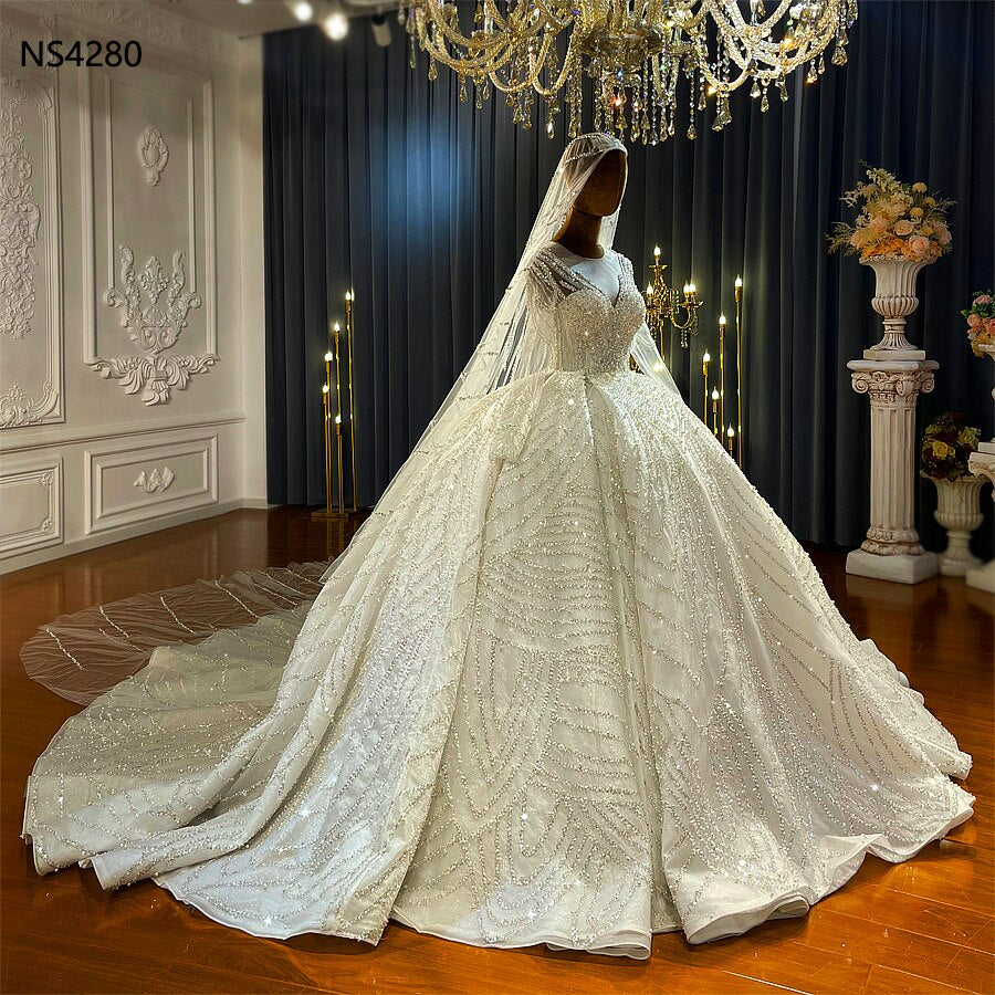 Beading Lace Wedding Dress Luxury crystal and pearl beading royal wedding dress